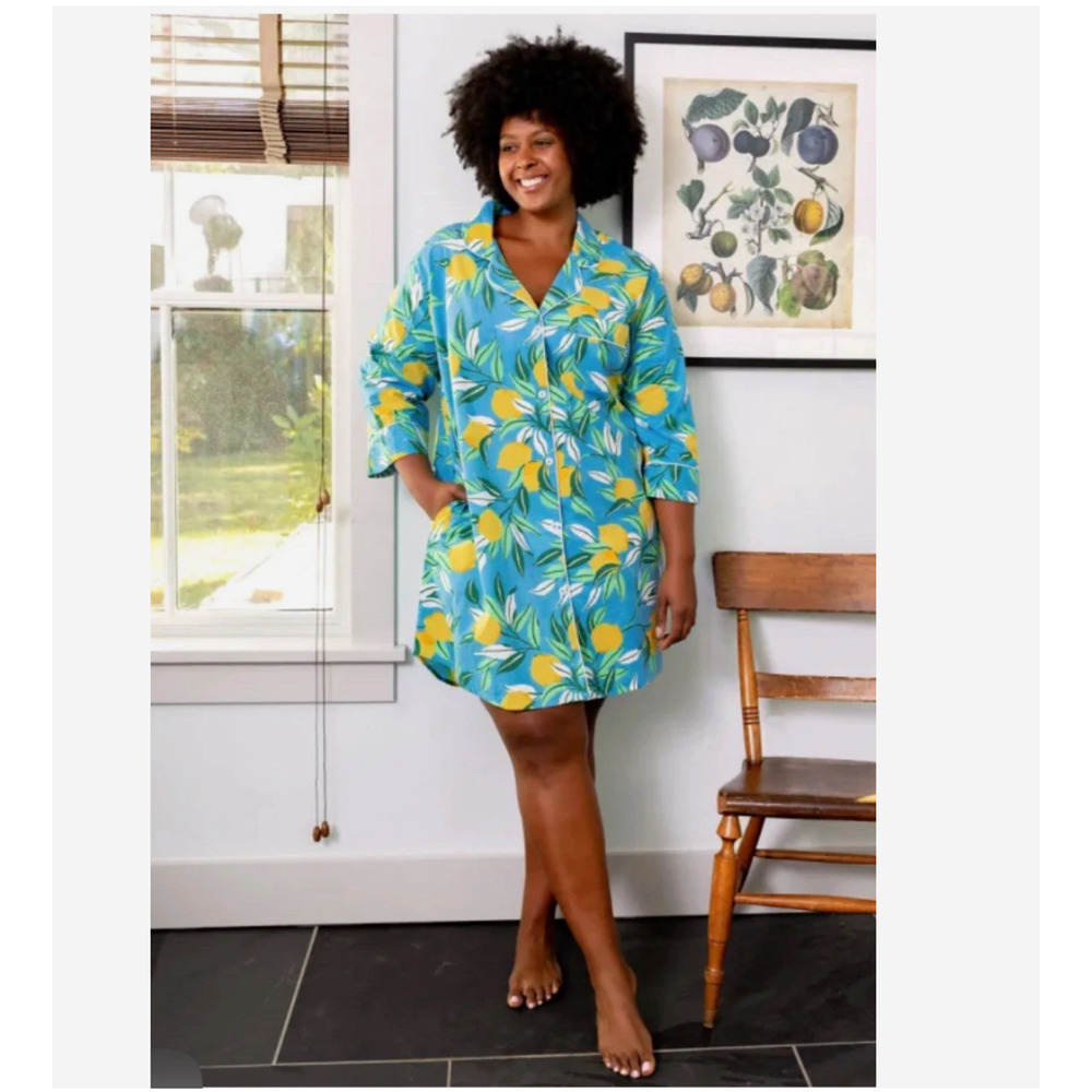 Print Fresh Womens Lemon Print Sleep Shirt Nightgown Pockets Size Medium M